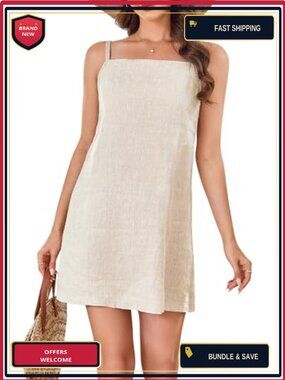 100% Linen Square Neck Spaghetti Strap Mini Summer Dress